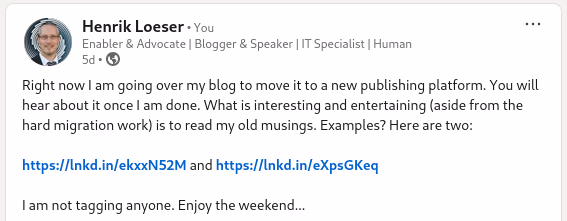“Hinting at my blog migration on LinkedIn”