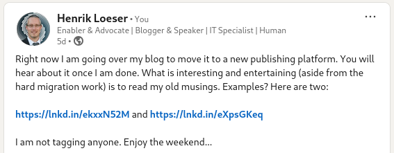 “Hinting at my blog migration on LinkedIn”