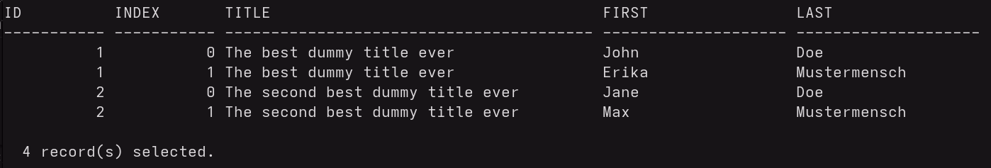 Db2 result table for the extracted array values