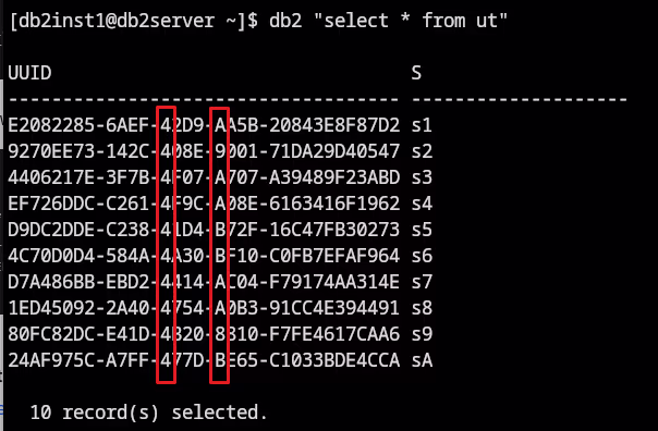 Generated UUID values in Db2 showing UUID version 4 encoding