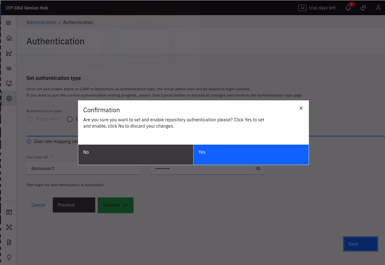 After I have configured authentication in the repository database and in the Db2 Genius Hub UI, the last step is to enable the new method.