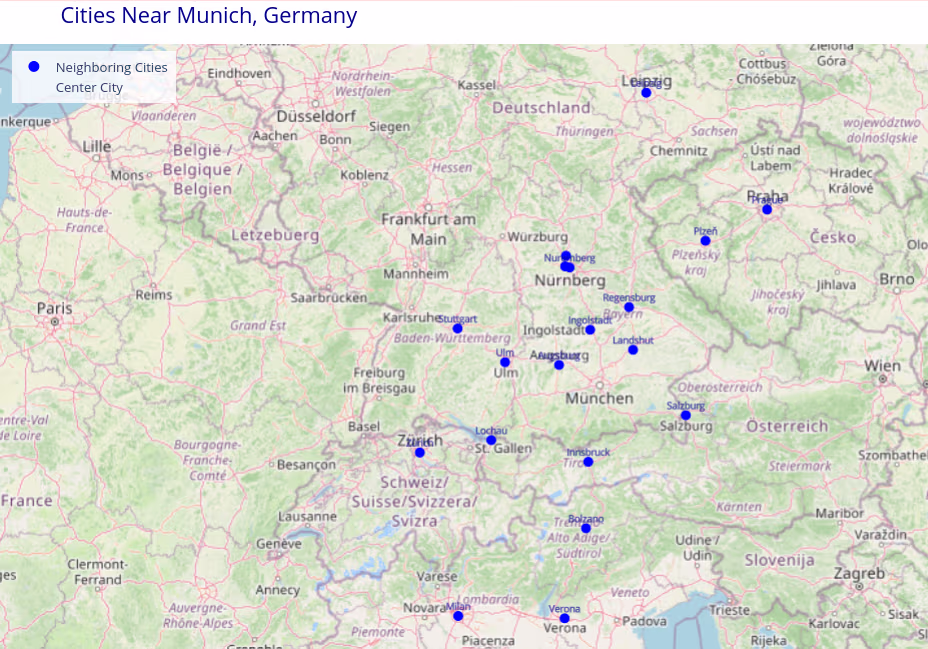 Map with neighboring cities to Munich, logarithm applied
