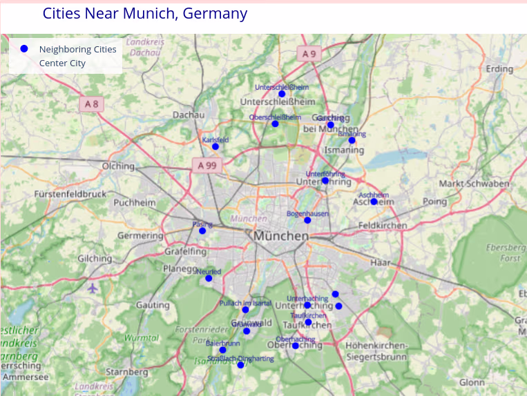 Map with neighboring cities to Munich, simple approach