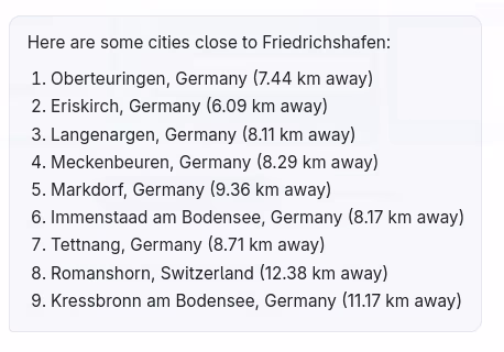 List in chatbot with cities near Friedrichshafen